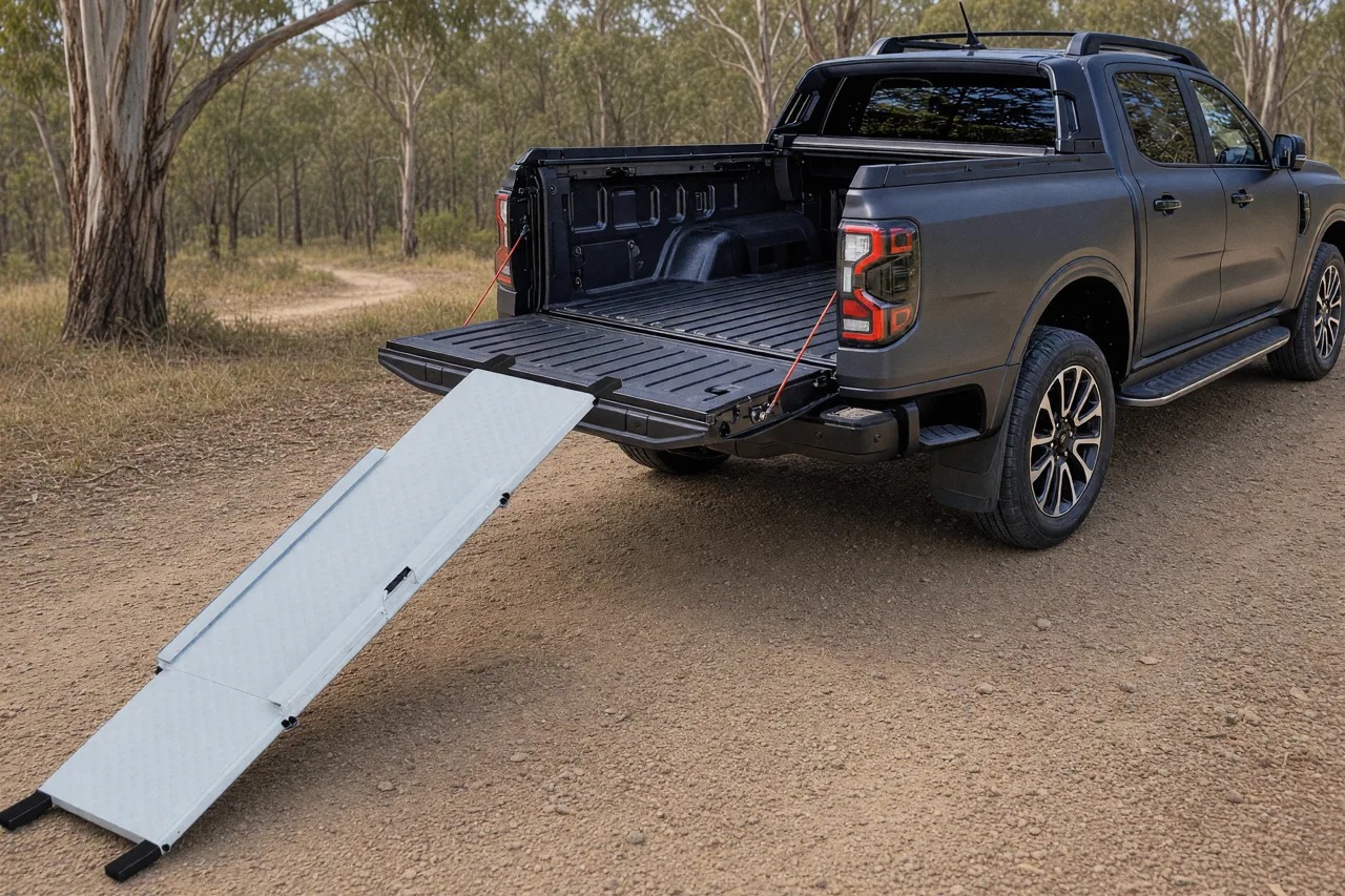 Render of Draytz Origami forming a loading ramp from the ground to a Ford Ranger tailgate