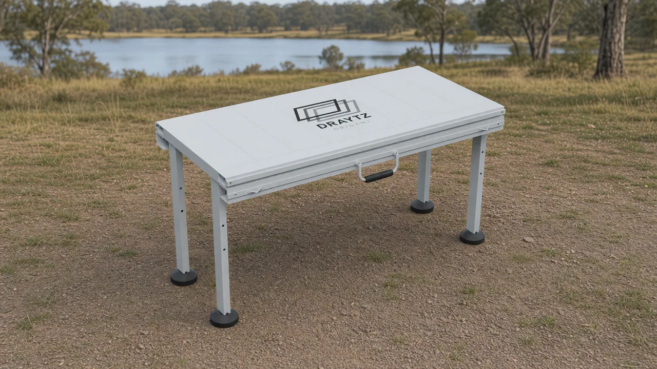Render of Draytz Origami unfolded as a freestanding table beside a lake